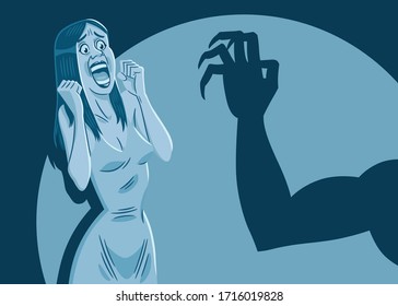 Digital illustration of a young woman illuminated by a spotlight, screaming in terror next to the shadow cast on the wall of a hand with huge claws.