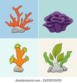 Digital illustrations of coral and seaweed for marine life and underwater theme projects.