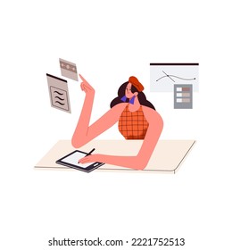 Digital illustrator, artist drawing. Modern creative designer with software tools, tablet PC and stylus, pen at work, creativity process at desk. Flat vector illustration isolated on white background