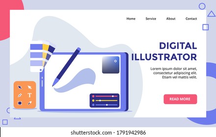 Digital illustrator pencil on path background of drawing tool campaign for web website home homepage landing page template banner with flat style