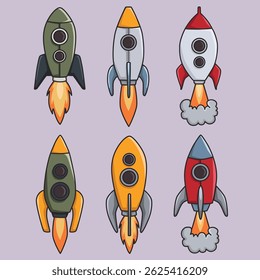 Digital illustrator set of stylized rocket spaceship icons designed with black outline and retro style, used for any kind of apps, games, websites, and digital interfaces to symbolize exploration