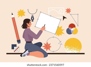 Digital illustrator. Woman artist drawing geometric collage. Graphic design tools. Creation in computer. Abstract character in designer agency. Creative people. Vector tidy illustration