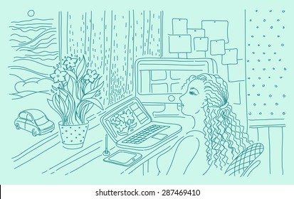 Digital illustrator at work in home workspace. Artist, freelancer, creative people. Hairline illustration drawing in eps.