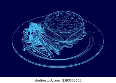 Digital image of a burger and fries on a blue plate. The burger is positioned above the fries, and the plate is a vibrant shade of blue. Concept of indulgence and satisfaction