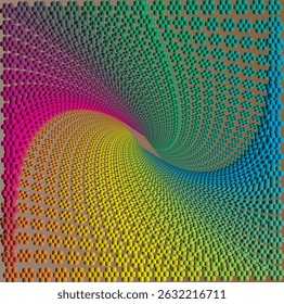 Digital image with colorful hexagonal patterns forming symmetrical swirls, optical illusion effect, rainbow color gradation