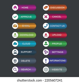 A digital image featuring 16 colorful, rounded website buttons with icons for various functions like Home, Approval, Download, Cloud, and Search, arranged in four rows on a dark grey background.
