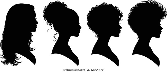 A digital image featuring four black silhouettes of people's profiles with varying hairstyles against a white background.