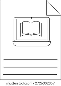 Una Imagen digital con una computadora portátil que muestra un libro abierto en su pantalla con tres líneas abajo y un doblez de papel en la parte superior derecha