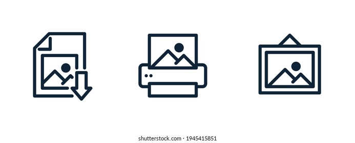 Digital Image File Download, Printer Icon, Print Icon And Picture Hanging. Applicable For Print On Demand Service Design. Vector Illustration