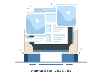 digital image gallery concept. watch photo album online using laptop computer. PC with internet, electronic photography image, web file. Flat vector illustration on background.