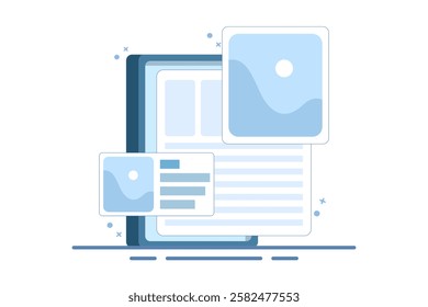 digital image gallery concept. watch photo album online using laptop computer. PC with internet, electronic photography image, web file. Flat vector illustration on background.