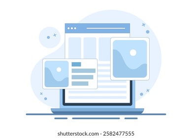 digital image gallery concept. watch photo album online using laptop computer. PC with internet, electronic photography image, web file. Flat vector illustration on background.