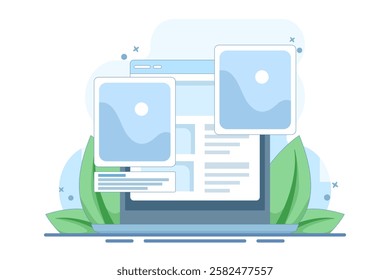 digital image gallery concept. watch photo album online using laptop computer. PC with internet, electronic photography image, web file. Flat vector illustration on background.