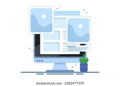 digital image gallery concept. watch photo album online using laptop computer. PC with internet, electronic photography image, web file. Flat vector illustration on background.