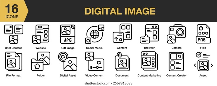 Digital Image icon set. Includes asset brief content, browser, camera, content creator, and More. Outline icons vector collection.