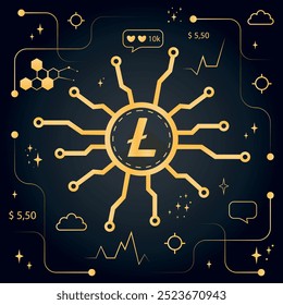 A digital image with a Litecoin coin in the center, rendered in golden hues with network structures and financial data icons symbolizing cryptocurrencies and blockchain	
