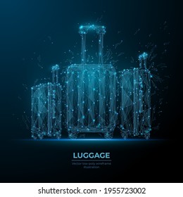 Digital image of luggage in dark blue. Abstract vector suitcases with wheels. Low poly glowing mesh with dots, lines, stars and flying particles. Travel, recreation, business or family trip concept 
