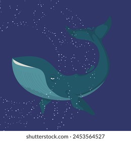 In the digital image, a majestic blue whale is swimming in the deep blue ocean, surrounded by white plankton shimmering like stars, as if swimming under a starry sky.