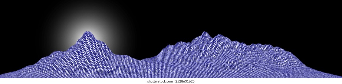 Digital image of a mountain range with a hexagonal pattern on a black background, creating the impression of a night scene with a bright light source.