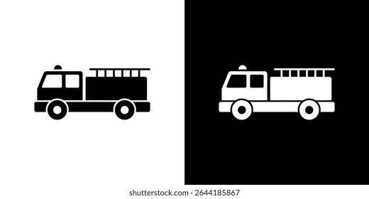 Digital image presenting a firetruck icon in black on a white background and mirrored in white on a black background, showcasing emergency services representation.