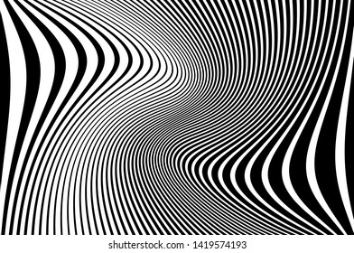 Digital image with a psychedelic stripes Wave design black and white. Optical art background. Texture with wavy, curves lines. Vector illustration