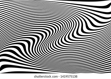 Digital image with a psychedelic stripes Wave design black and white. Optical art background. Texture with wavy, curves lines. Vector illustration