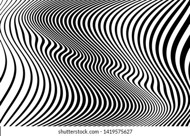 Digital image with a psychedelic stripes Wave design black and white. Optical art background. Texture with wavy, curves lines. Vector illustration