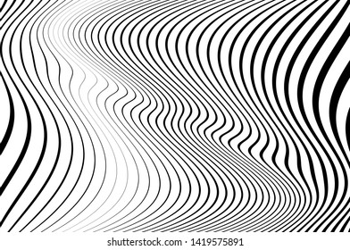 Digital image with a psychedelic stripes Wave design black and white. Optical art background. Texture with wavy, curves lines. Vector illustration