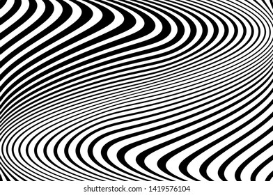 Digital image with a psychedelic stripes Wave design black and white. Optical art background. Texture with wavy, curves lines. Vector illustration