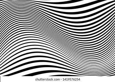 Digital image with a psychedelic stripes Wave design black and white. Optical art background. Texture with wavy, curves lines. Vector illustration