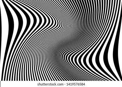 Digital image with a psychedelic stripes Wave design black and white. Optical art background. Texture with wavy, curves lines. Vector illustration