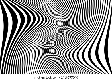 Digital image with a psychedelic stripes Wave design black and white. Optical art background. Texture with wavy, curves lines. Vector illustration