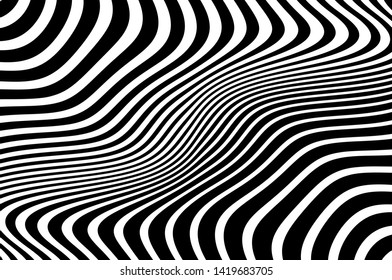 Digital image with a psychedelic stripes Wave design black and white. Optical art background. Texture with wavy, curves lines. Vector illustration