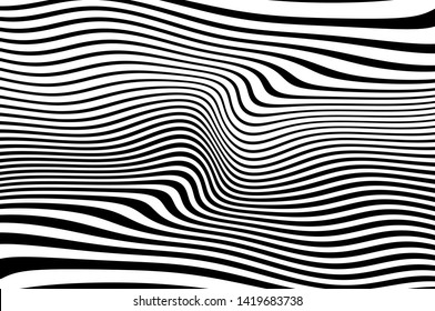 Digital image with a psychedelic stripes Wave design black and white. Optical art background. Texture with wavy, curves lines. Vector illustration