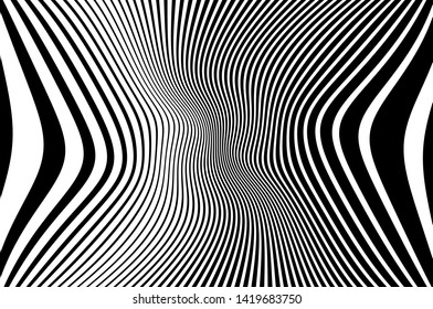 Digital image with a psychedelic stripes Wave design black and white. Optical art background. Texture with wavy, curves lines. Vector illustration