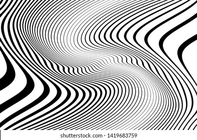 Digital image with a psychedelic stripes Wave design black and white. Optical art background. Texture with wavy, curves lines. Vector illustration