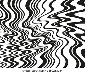 Digital image with a psychedelic stripes Wave design black and white. Optical art background. Texture with wavy, curves lines. Vector illustration
