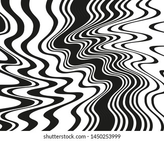 Digital image with a psychedelic stripes Wave design black and white. Optical art background. Texture with wavy, curves lines. Vector illustration