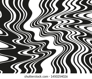 Digital image with a psychedelic stripes Wave design black and white. Optical art background. Texture with wavy, curves lines. Vector illustration