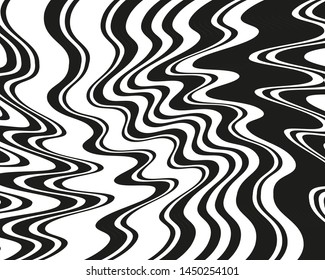 Digital image with a psychedelic stripes Wave design black and white. Optical art background. Texture with wavy, curves lines. Vector illustration