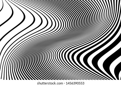Digital image with a psychedelic stripes. Wave design black and white. Texture with wavy, curves lines. Optical art background. Vector illustration  