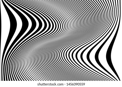 Digital image with a psychedelic stripes. Wave design black and white. Texture with wavy, curves lines. Optical art background. Vector illustration  
