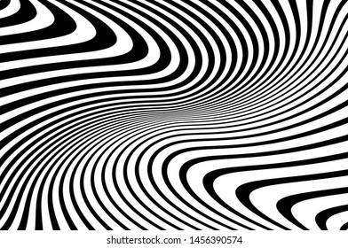 Digital image with a psychedelic stripes. Wave design black and white. Texture with wavy, curves lines. Optical art background. Vector illustration  