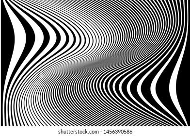 Digital image with a psychedelic stripes. Wave design black and white. Texture with wavy, curves lines. Optical art background. Vector illustration  