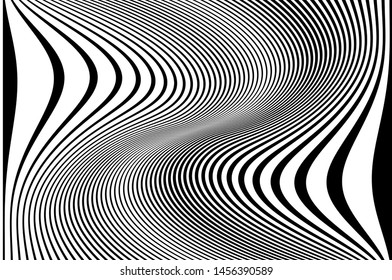 Digital image with a psychedelic stripes. Wave design black and white. Texture with wavy, curves lines. Optical art background. Vector illustration  