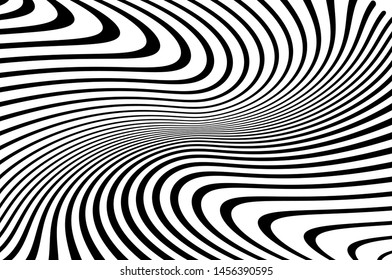 Digital image with a psychedelic stripes. Wave design black and white. Texture with wavy, curves lines. Optical art background. Vector illustration  