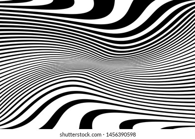 Digital image with a psychedelic stripes. Wave design black and white. Texture with wavy, curves lines. Optical art background. Vector illustration  