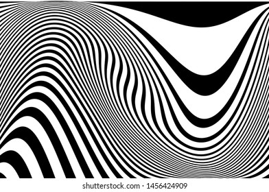 Digital image with a psychedelic stripes. Wave design black and white. Texture with wavy, curves lines. Optical art background. Vector illustration  