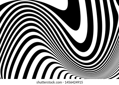 Digital image with a psychedelic stripes. Wave design black and white. Texture with wavy, curves lines. Optical art background. Vector illustration  