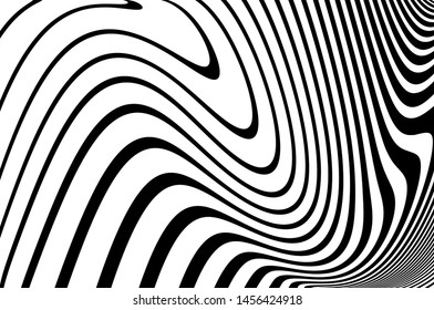 Digital image with a psychedelic stripes. Wave design black and white. Texture with wavy, curves lines. Optical art background. Vector illustration  